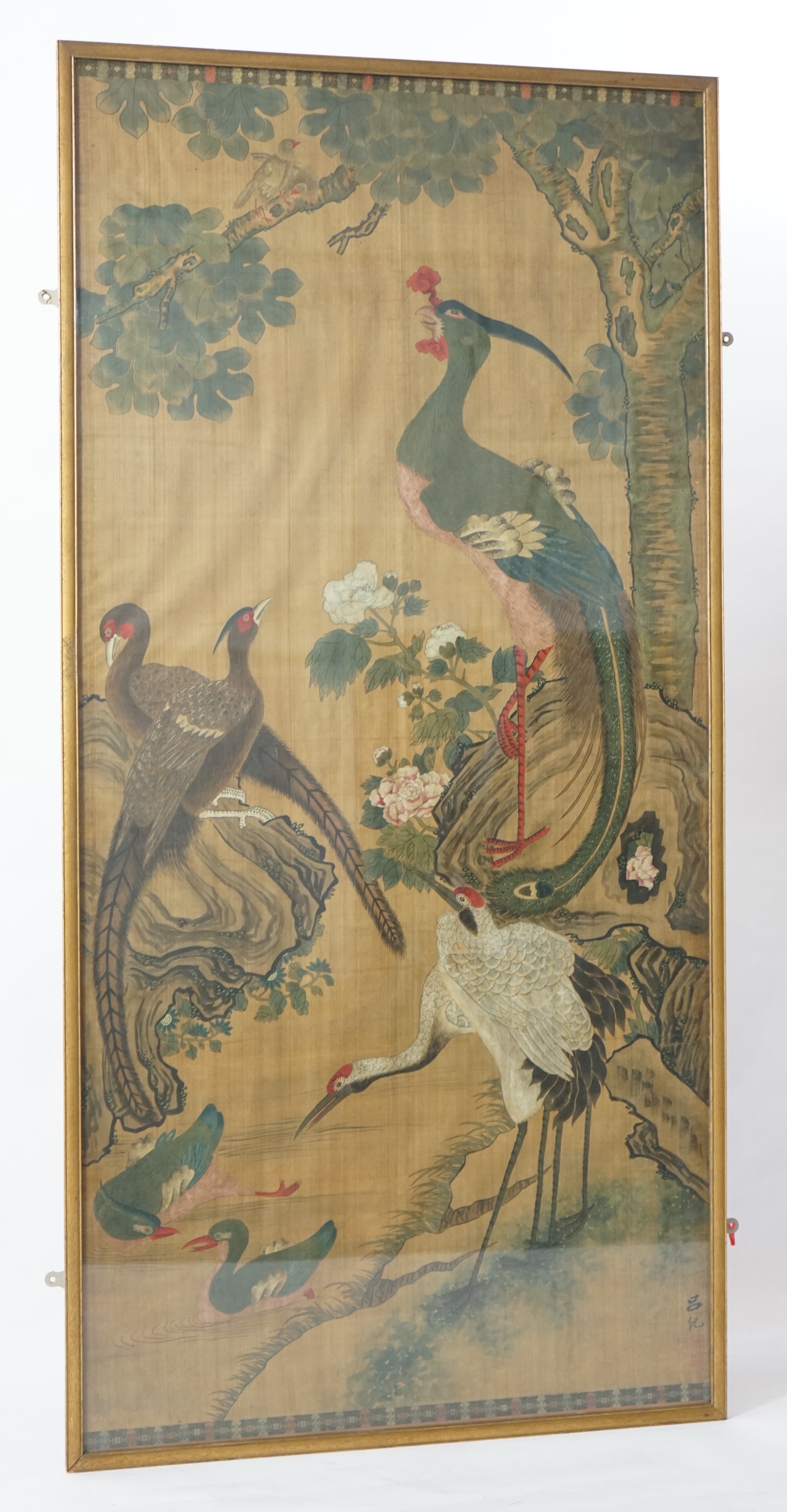 A large Chinese painting on silk of birds, late 19th/early 20th century, signed Lu Ji